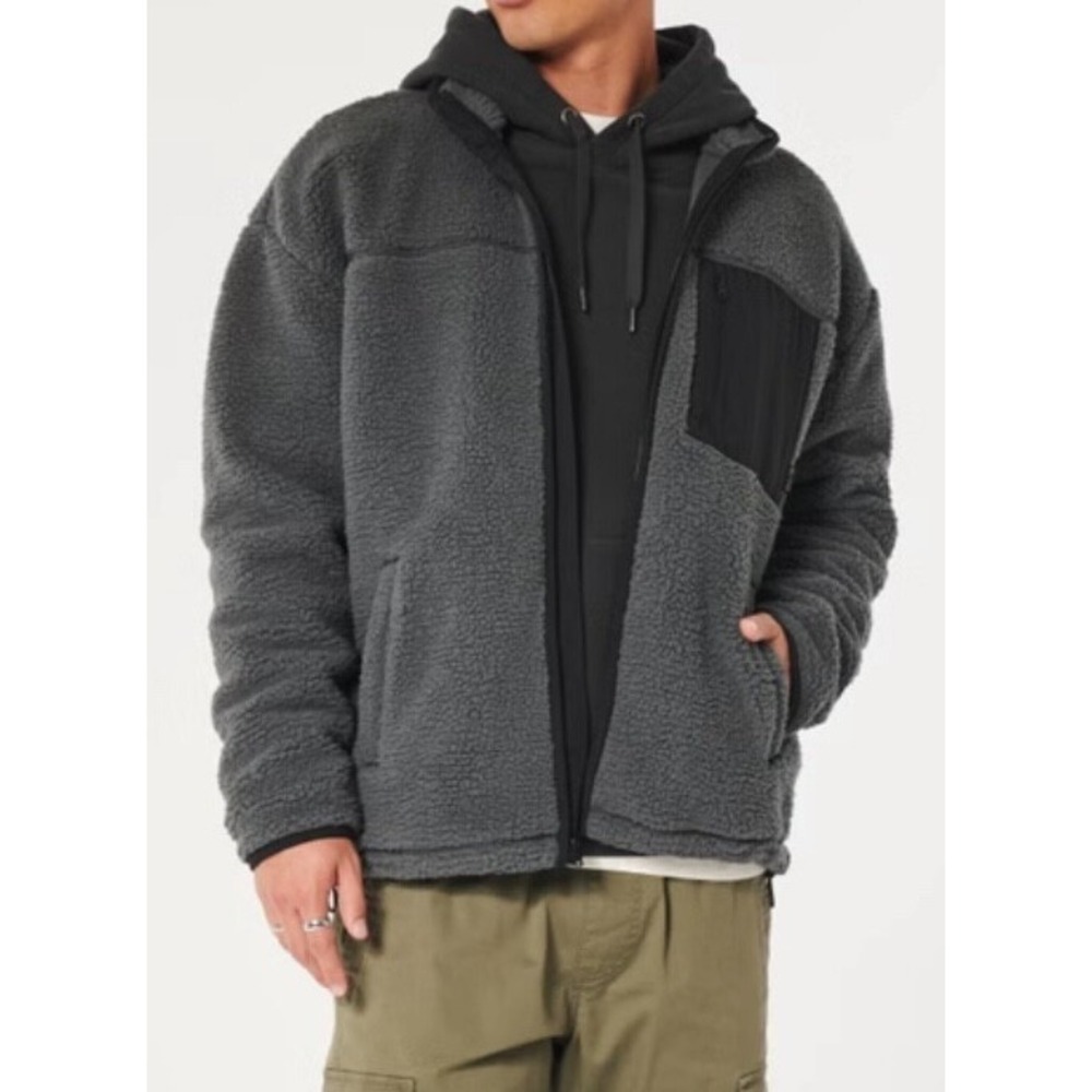 Hollister men Sz M relaxed fit faux Shearling full‎ zip jacket coat gray NWOT